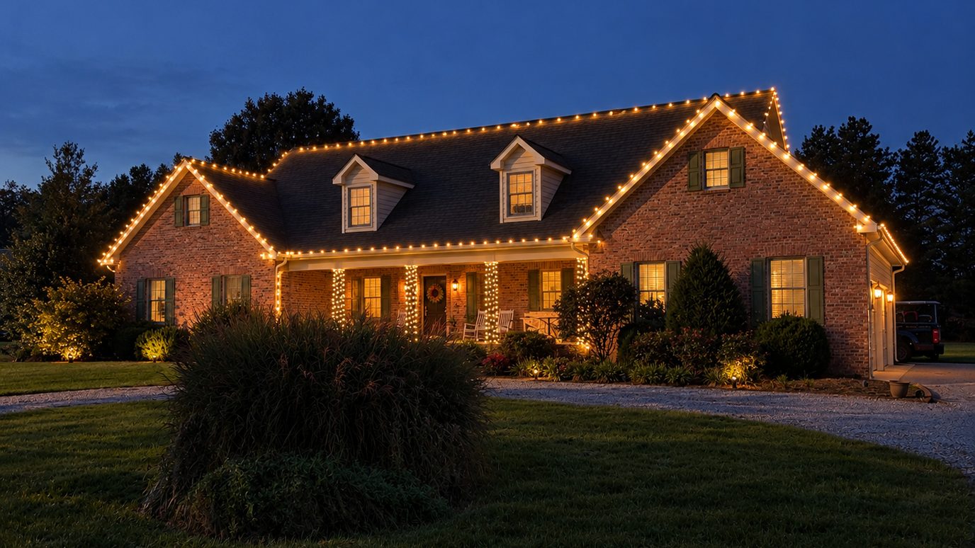 Brick home at dusk with warm white Christmas lights along every roofline, dormer and porch column