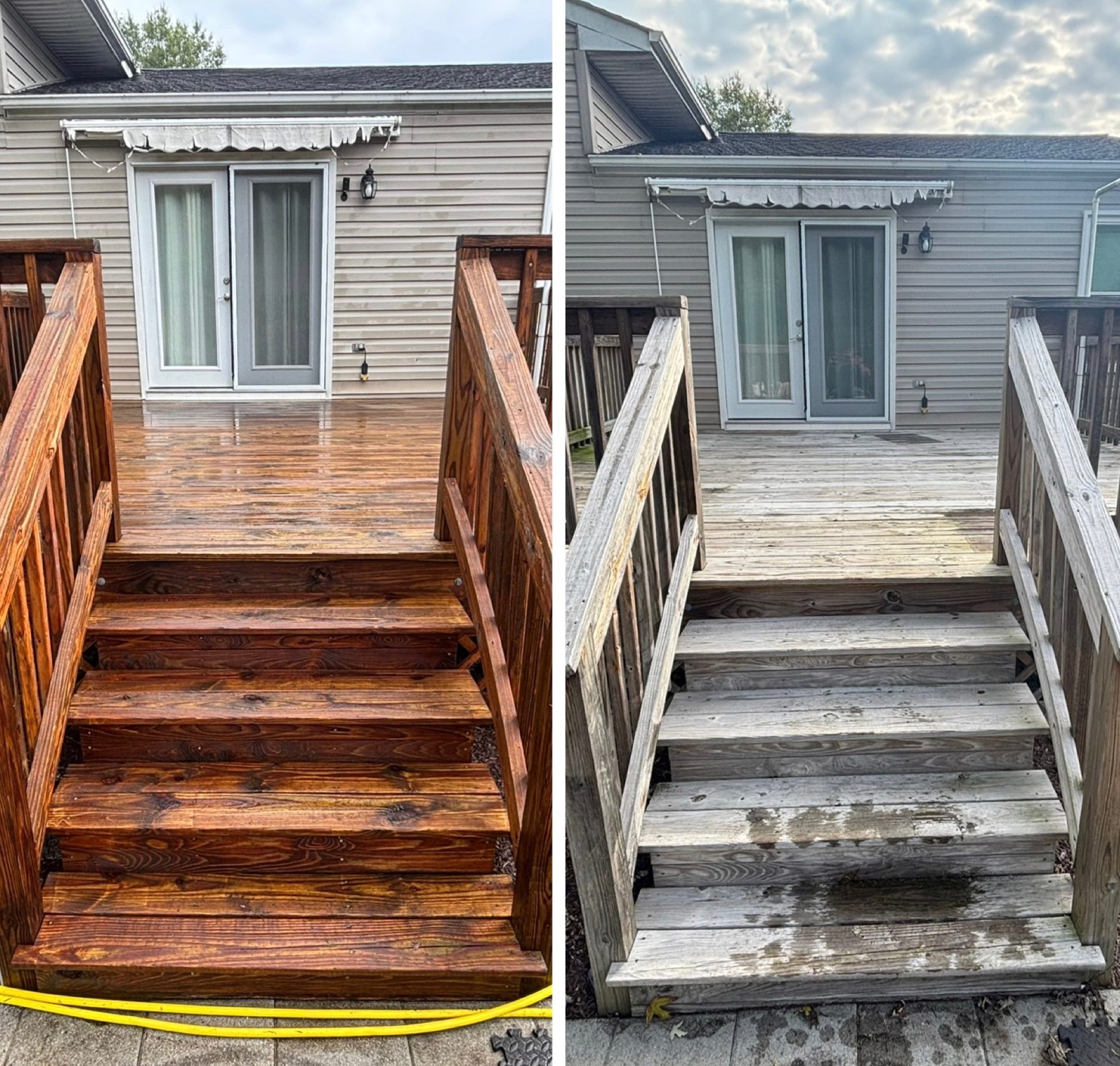 Before and after comparison of a wooden deck restoration and cleaning on the Eastern Shore.
